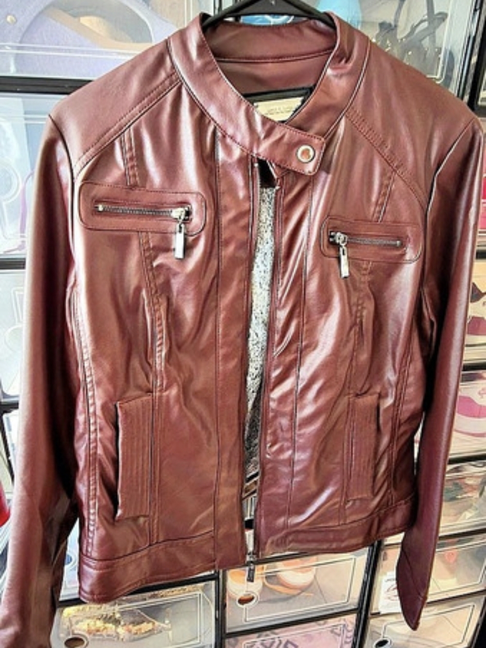 Journey Vegan Leather Moto Jacket Maroon with Gray Fur Liner Size XL (Fits L)